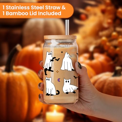 LEADO Cat Ghost Iced Coffee Cup, Halloween Glass Cups with Lids and Straws, 16 oz Cute Bat Spooky Glass Tumbler - Boo Basket Stuffers, Halloween Fall Gifts for Cat Lover, Women, Adults, Girls - Image 5