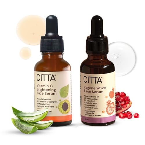 Image of CITTA Vitamin C & Regenerative Face Serum Combo,Dual-Action Skincare For Radiance & Anti-Aging,Brightening + Wrinkle Correcting Formula,Face Serums For Unisex,All Skin Types,30 Ml + 30 Ml