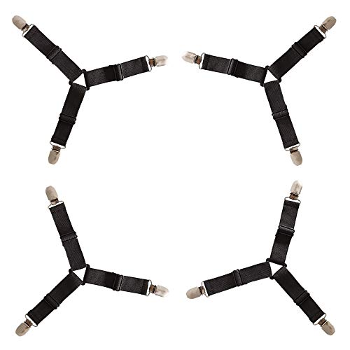 Bed Sheet Grippers Holder Straps Clips, Mattress Pad Cover Keepers, Adjustable Triangle Model, Set of 4, Black
