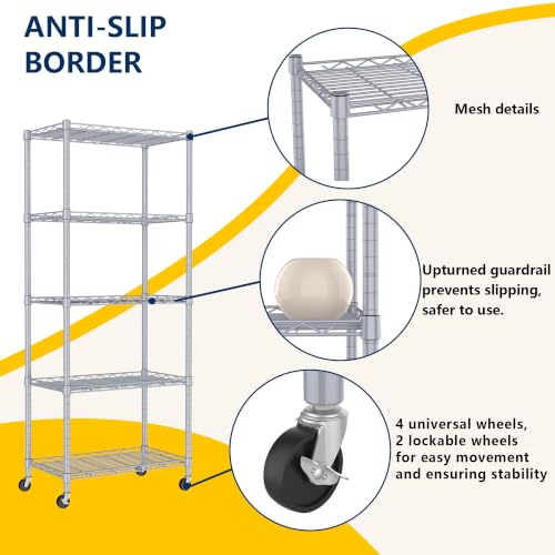 Image of REGILLER 5-Wire Shelving Metal Storage Rack Adjustable Shelves,Standing Storage Shelf Units for Laundry Bathroom Kitchen Pantry Closet(Silver,11.8 inch D x 21.2 inch W x 55 inch H,With Wheels)