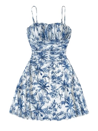 Floerns Women's Floral Sleeveless Cami Dress Ruched Bust Boho Flared Mini Dress Blue and White Small