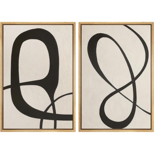 SIGNFORD Framed Canvas Print Wall Art Set Abstract Minimalist Black Curved Line Abstract Illustration Modern Art Decorative Nature for Living Room, Bedroom, Office - 16"x24"x2 NATURAL