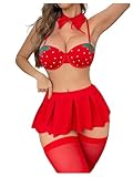 BEAUDRM Women's 6 Piece Lingerie Sets Strawberry Sexy Boudoir Outfits Underwire Bra Thongs Set with Stocking and Choker Red Large