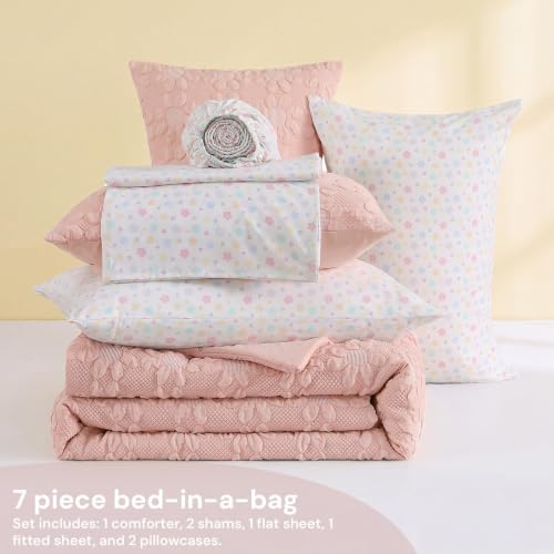 Image of Full Size Comforter Sets for Girls - 7 Pieces Pink Dasiy Bed in a Bag | Jacquard Floral Full Bedding Set, Soft Lightweight Cute Comforter with Printed Sheets, Pillowcases & Shams for All Seasons