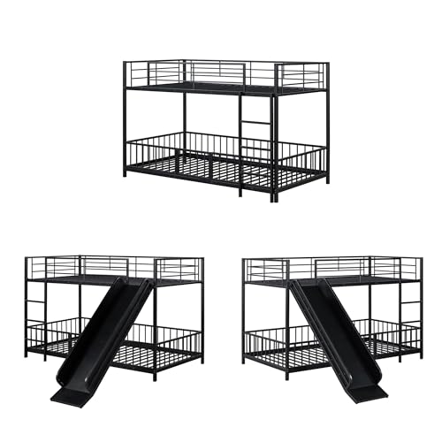 Image of Bellemave Twin Over Twin Bunk Bed with Slide and Ladder, Metal Low Bunk Bed for Kids, Girls, Boys, Removable Fence, with Door, Black