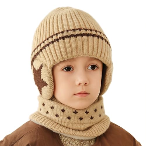 Image of Kids Earflap Beanie Hat and Scarf Set Winter Warm Fleece Lined Knit Cap Neck Warmer Gaiter for Boys Girls