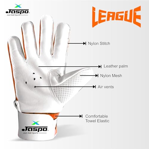 Image of jaspo League Cricket Batting Gloves-for Beginners: Leather Palm, Nylon Stitch, Air Vents with Elastic Towel Wrap for Adult /Senior Color (White Orange)-Recommended for Soft Ball only