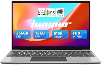 jumper Laptop, 12GB LPDDR4 RAM, 256GB SSD ROM, 14 Inch 1080p FHD IPS Screen, Windows 11 Laptops Computer with Celeron 4-Core Processor, UHD Graphics 600, 2 Stereo Speaker, Portable.
