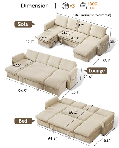Image of WEUP 106 inch U Shaped Sectional Sleeper Sofa Bed with Pull Out Bed, Sectional Sleeper Couch Pull Out Couch with Reclining Backrest /Reversible Storage Chaise /USB Ports /Tool-Free Assembly, Corduroy Beige