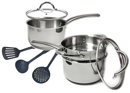 MAGGOPAN Stainless Steel Saucepan Glass Lid Casting Steel handle Induction Impact Bonded 8 PCS Set Steamer