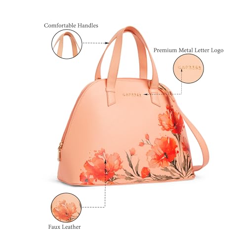 Image of Caprese Chloe Medium Floral Print Satchel Bag for Women with Adjustable & Detachable Strap -Versatile Shoulder Handheld Bag for Work, Travel, Everyday Use with Multiple Compartments (Orange)