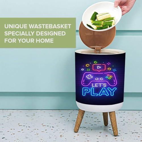 Image of Small Trash Can with Lid Lets Play neon sign bright signboard light banner Game neon emblem Garbage Bin Round Waste Bin Press Cover Dog Proof Wastebasket for Kitchen Bathroom Living Room 1.8 Gallon