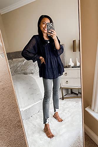 Prettygarden Women's Summer Loose Chiffon Blouse Mesh Long Sleeve Casual Round Neck Peplum Tops (Navy,Medium) #TOP2