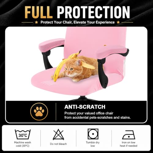 Image of Stretch Computer Office Chair Cover with Armrest Covers Durable Zipper Universal Washable Removable Spandex Rotating Boss Chair Slipcovers Anti-dust Soft Desk Chair Seat Protector, Pink