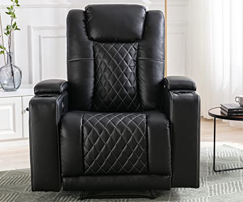 Anj Electric Power Recliner Chair Soft Leather Reclining With Usb Ports And Cup Holders, Black Home Theater Seating With Hidden Arm Storage Movie & Media Room Chairs #TOP6
