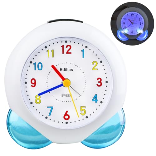Edillas Reloj Despertador Analógico para Niños, Sin Tictac, Silencioso Con Luz Snooze, Lindo Reloj de Aprendizaje para Dormitorio y Escritorio