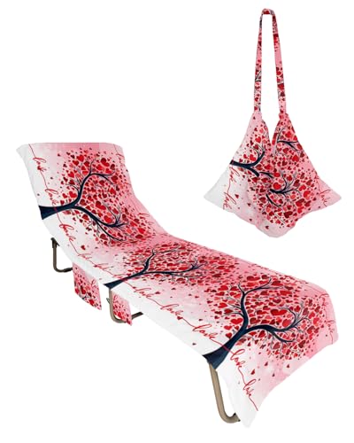 Heart Tree Beach Chair Towel Covers for Chaise Lounge with Side Pocket, Soft Plush Pool Towels Cover for Patio Sunbathing Outdoor 29''x85'' Valentine's Day Romantic Sweet Love