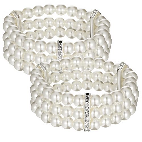 Josojoou 2Pcs Pearl Bracelets for Women 1920s Vintage Pearl Stretch Bracelet 3-Rows Fake Pearls Bracelet for Women Bridal Wedding Jewelry(White)