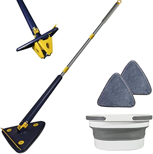 360°Rotatable Flexible Adjustable Cleaning Mop with Squeegee, Foldable Bucket, Triangle Microfiber Mop with Extendable Long Handle,Triangle Cleaning Mop,Twist Quick