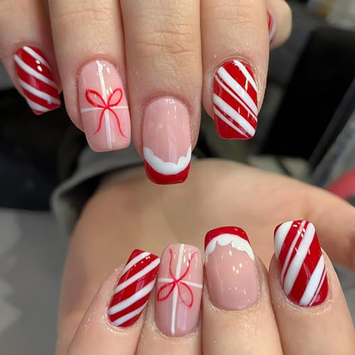 Christmas Press on Nails Medium Square Red White False Nails Press Ons with Candy Cane Stripes Cute Bow Designs Full Cover Glossy Glue on Nails for Acrylic Nails Women Girls Christmas Manicure 24 Pcs