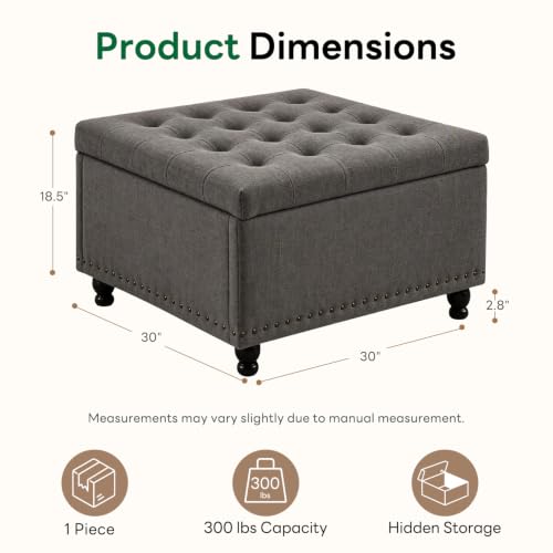 Tbfit Large Square Storage Ottoman Bench, Tufted Upholstered Coffee Table with Storage, Oversized Storage Ottomans Toy Box Footrest for Living Room, Dark Grey — view 2