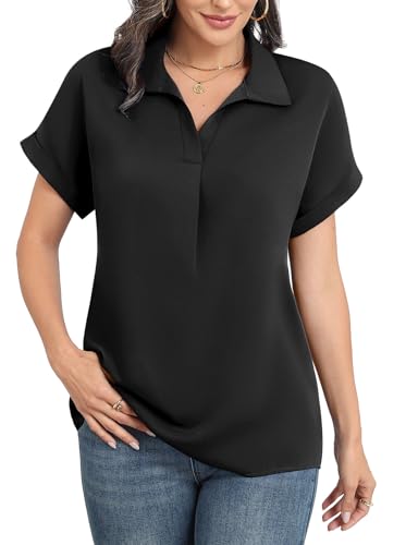 Askyes Plus Size Drop Short Sleeve for Women Blouses Summer V Neck Chiffon Dressy Casual Work Tops Shirts Black 2XL — view 2