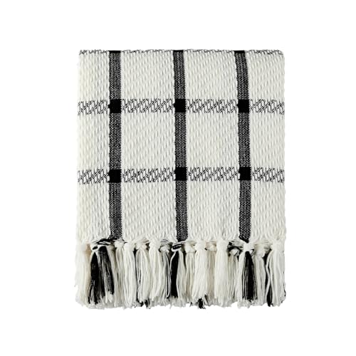 Image of CREVENT 50 inchX60 inch Farmhouse Breathable Soft and Warm Chenille Plaid Throw Blanket for Sofa Couch Bed, Home Decoration Throw with Tassles (Black & White)
