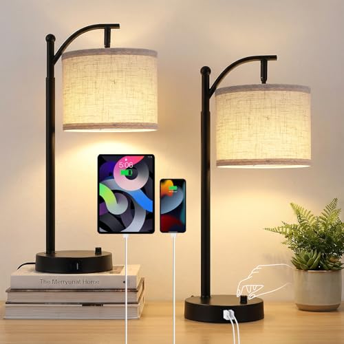Lámpara de mesa moderna negra con puertos de carga set x2