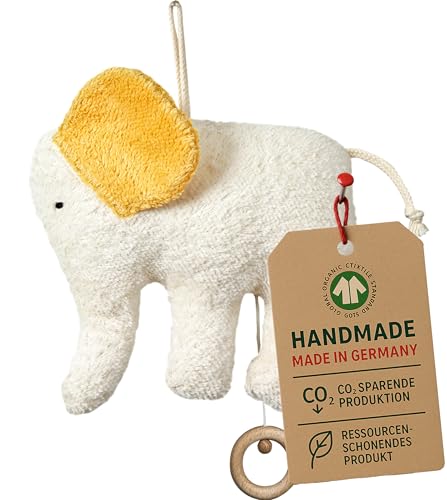 Efie Bio-Spieluhr Elefant – handgefertigt in Deutschland – 100 % Baumwolle (KBA), Füllung Schurwolle (kbT), GOTS-Zertifiziert - Melodie: Brahms | Guten Abend, Gute Nacht