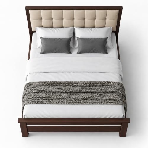 Image of APRODZ Sheesham Wood Bed | Queen Size Bed (78x60 Inches) Without Storage | Solid Wood Double Bed with Tufted Headboard | Premium Cot Furniture for Bedroom | Bed Queen Size | Beige