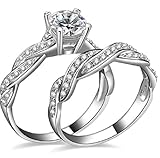 LRGKMCWTOB 2-in-1 Womens 925 Solid Sterling Silver Matching Bridal Set Wedding Engagement Rings Clear Round Cubic Zirconia Engagement Promise Bridal Silver Band Fashion Cute (US 9)