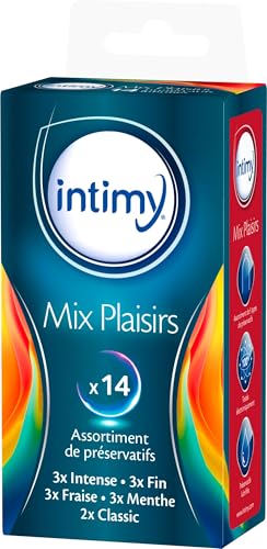 INTIMY - Mix Plaisirs - x14 - Assortiment de préservatifs lubrifiés - 5 sensations différentes - Intense, Fraise, Menthe, Fin et Classic - Latex de Caoutchouc Naturel - Sécurité et Qualité