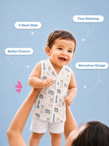 Image of Kidbea Bamboo Muslin Jhabla for Newborn Baby, V-Neck Sleeveless Button Jhabla Shirt, Soft Breathable Infant Kids Clothing for Summer Wear