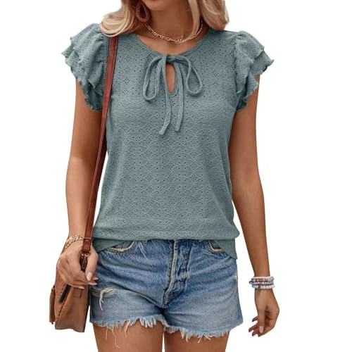 Women's Double Layered Ruffle Sleeve Top with Tie Front, 2024 Summer Going Out T-Shirt X-Large Green