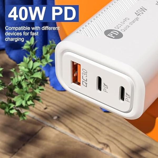 Адаптер зарядного устройства USB Быстрая зарядная головка - Огнеупорная зарядная головка для телефона QC3.0 2PD 40W Type-C с защитой от перегрева