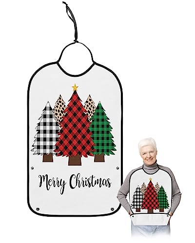 Christmas Tree Adult Bibs for Eating, Waterproof Bibs with Food Catcher & Adjustable Snap Closure, Checkered Leopard Xmas Tree with Star Washable Clothing Protectors Adult Bibs for Elderly Women/Men
