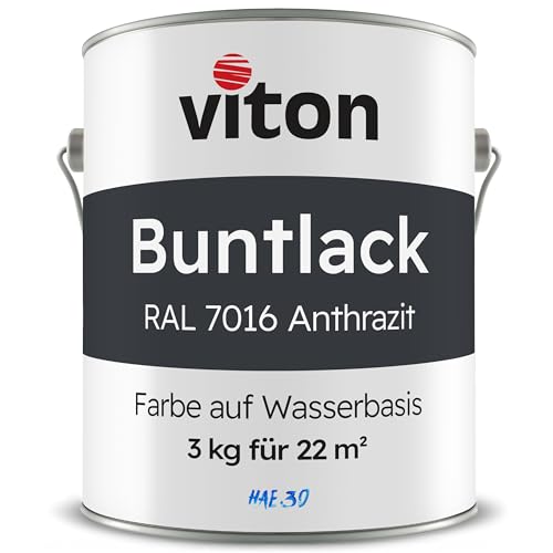 Viton Buntlack 3 Kg Anthrazit - Seidenmatt - Für Außen und Innen - 3in1 Grundierung & Lack - HAE 30 - Nachhaltige Farbe auf Wasserbasis für Holz, Metall & Stein - RAL 7016 Anthrazitgrau