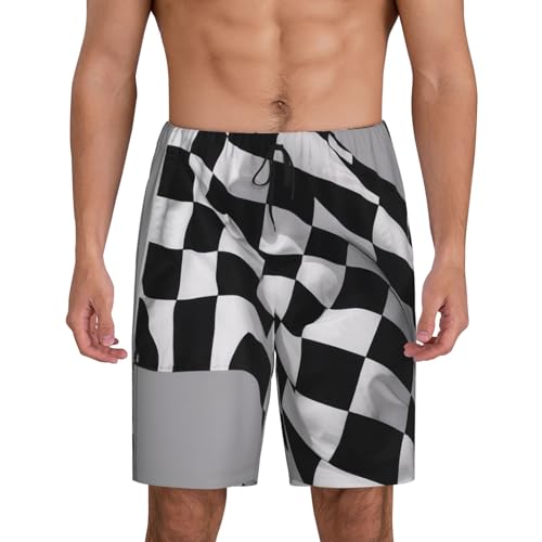 GangHao Black White Race Checkered Flag Printed Mens Casual Shorts,Summer Fashion Shorts with Pockets for Men,Elastic Waist, X-Large