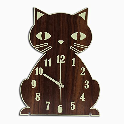 Wall Clock Glow In The Dark/Night Light Cat Wall Clock Silent Non-Ticking Wooden Wall Clocks Battery Operated Analog Clock Decorative For Bedroom Living Room Bathroom,12 Inch #TOP1