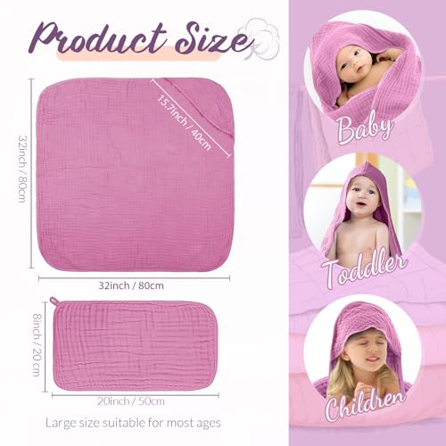 Image of VitalCozy 12 Pcs Baby Muslin Hooded Bath Towels and Washcloths, Muslin Hooded Baby Towels Absorbent Blankets for Gift Newborn Infant Shower (Pink Purple Series)