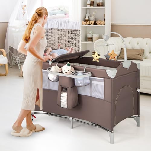 RELAX4LIFE 5 en 1 Cuna Infantil Bebe con 2 Ruedas Bloqueables, Cambiador, Correa Fijación, Caja de Música y 3 Juguetes Colgantes, Cuna con Colchón y Bolsa de Transporte para Bebés 0-36 Meses (Café) - imagen 2