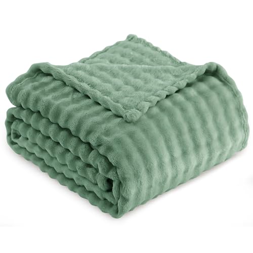 RUIKASI Fleece Throw Blanket for Sofa - Green Single Fluffy Bubble Throws Cozy Blanket with Reversible Design Throw 130x150 cm