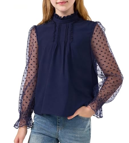 Rolanko Girls Long Sleeve Shirt Chiffon Blouse Ruffle Collar Swiss Dots Puff Sleeve Cute Tops, Navy, 130, 7-8 Years