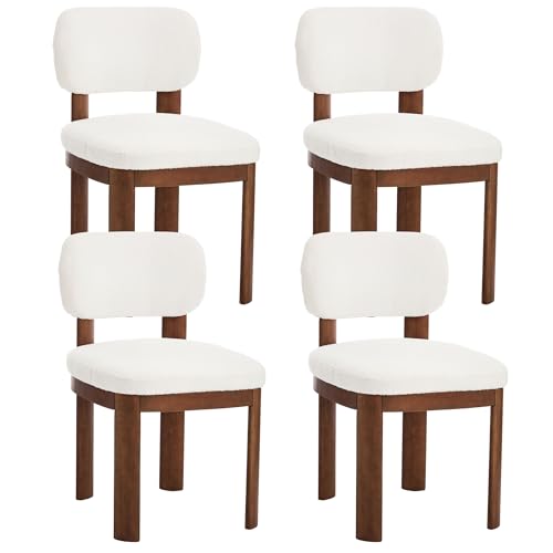 Dining Chairs Set of 2, Teddy Upholstered Kitchen Chairs with Curved Backrest & Solid Wood Legs, Comfortable Armless Side Chairs for Restaurant Cafe Breakfast Nook (Brown+Black Legs, set of