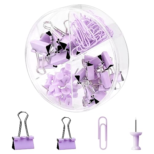 Jagowa 72PCS Binder Clips Set, Paper Clips, Push Pins, Bulldog Clips with Storage Box, Desk Accessories Organizer for Home School Office Supplies (Purple)