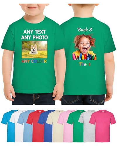Personalised Kids T Shirt Printed Photo Tshirt Any Text Create Your Own Custom Design Top Tee Girl Boys Kelly Green Age 3-4