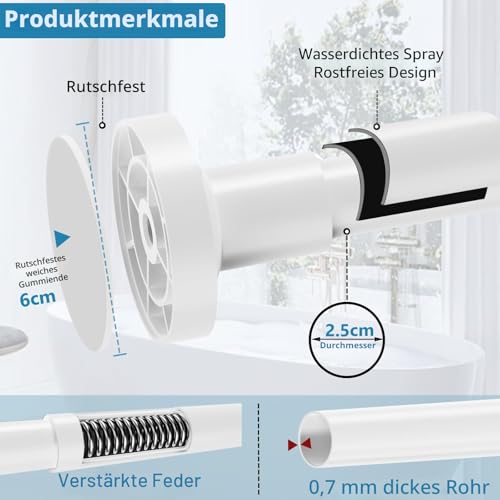 WELDUN Teleskopstange 48-67CM Duschvorhangstange ohne Bohren Klemmstange Vorhangstange Φ25mm Spannstange für Kleiderschrank, Fenster, Badezimmer, Weiß