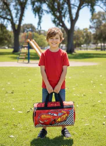 Image of Disney Pixar Cars Kids' Duffle Bag - Lightning McQueen Travel Gym Bag with Adjustable Strap, Mesh Side Pockets & Zipper Pocket