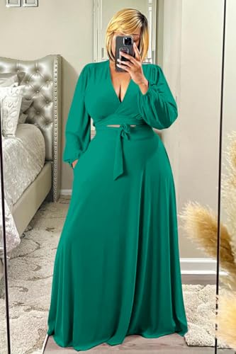 Image of Plus Size Women's 2 Piece Outfits Casual Long Sleeve Wrap Crop Top Maxi Long Dress Flowy Matching Sets