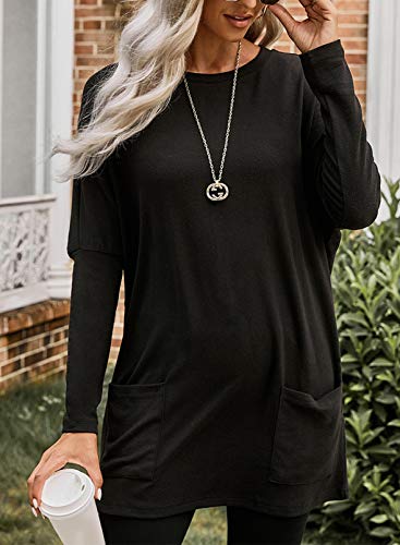 Asvivid Long Sleeve Crewneck Fall Tunic Tops For Leggings Casual Loose Solid Maternity Tops Black Long T-Shirt With Pockets L #TOP7